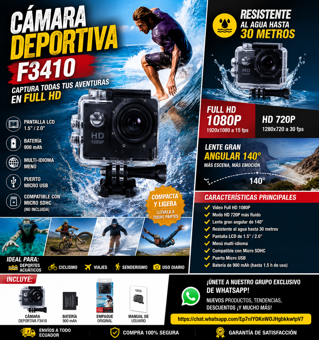 Câmera Deportiva F3410 Full HD - Infográfico completo