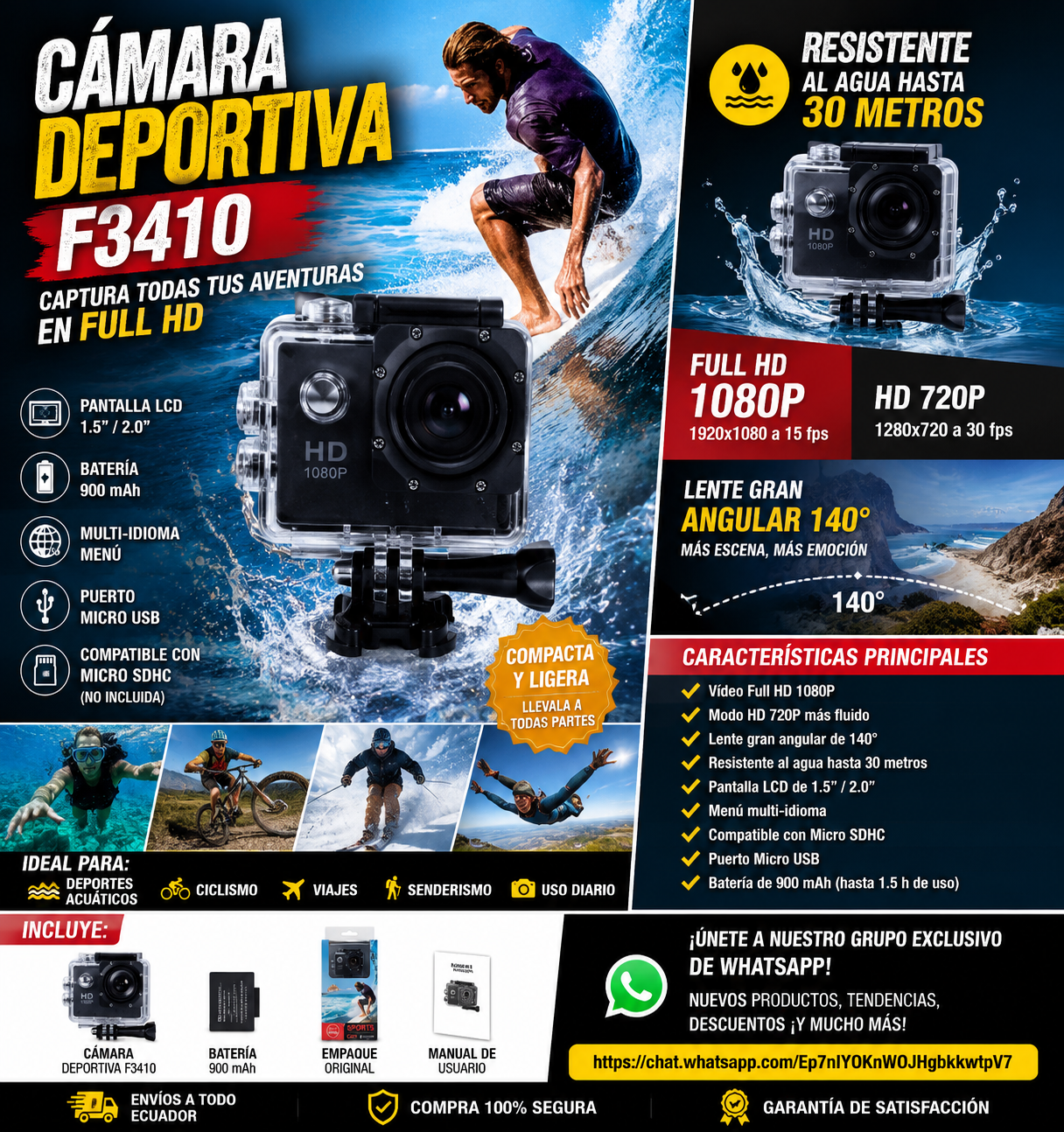 Câmera Deportiva F3410 Full HD - Infográfico completo